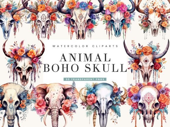 Download Watercolor Animal Boho Skull Clipart - Watercolor animal Collection