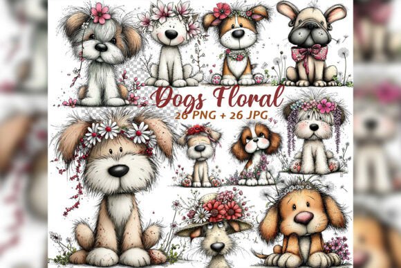 Download Whimsical Floral Dogs Spring Clipart Set - Spring clipart Collection