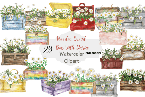 Download Vintage Wooden Bread Box with Daisies - Daisies Collection