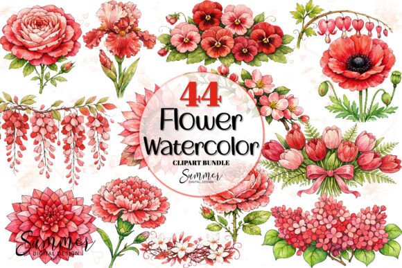 Download Watercolor Red Pink Flower Clipart Set - Red Collection